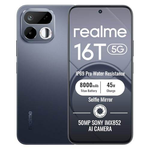 Image of realme 16T 5G Smartphone 6GB+128GB, 6.8-inch Screen, 144Hz Display, 8000mAh Battery, 45W Fast Charging, Rear16MP+Front50MP AI Camera, MediaTek Dimensity 6300,IP69, Black