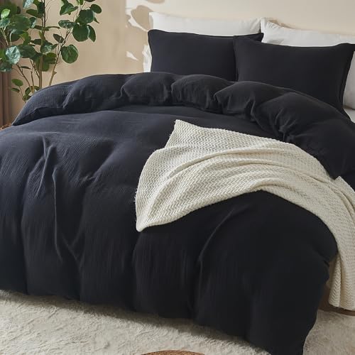 Image of EMME Muslin Cotton Duvet Cover Set Black Queen Size Linen Like Soft Breathable Lightweight Summer Comforter Cover Set with Zipper Closure (Black, Queen, 90 inchx90 inch)