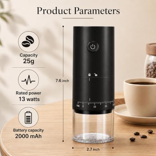 Image of Ash & Roh Electric Coffee Grinder with 38 Adjustable Grind Settings, Rechargeable Ceramic Burr Coffee Bean Grinder for Espresso, French Press, Travel & Home Use (Black)
