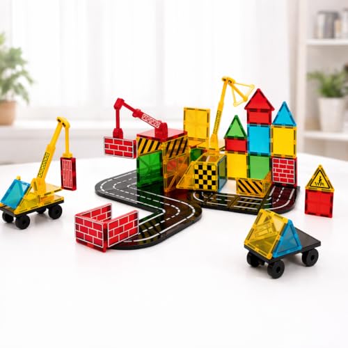 Image of 35 PCS Magnetic Tiles Construction Building Blocks Set with Crane | Colorful Magnetic Blocks | STEM Educational Learning Toy for Kids Boys & Girls Age 3+