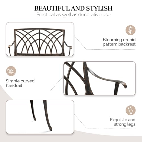Image of VINGLI 38 inch Outdoor Metal Bench, Cast Aluminium Garden Bench, Weatherproof Antique Finish Orchid Chair, 1-2 Person Seat Deck Furniture for Porch Entryway Patio (Brown)