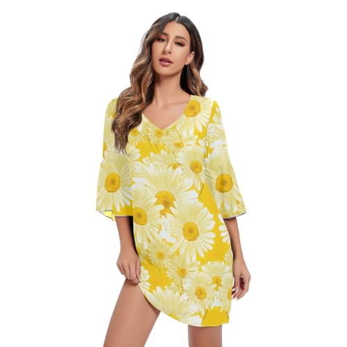 Robe d'été à manches 3/4 imprimée de marguerites jaunes et décolleté en V
