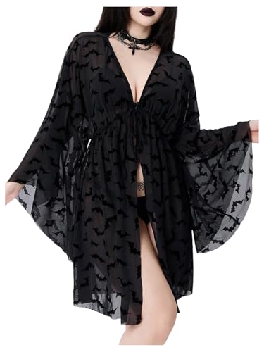 WDIRARA Women's Goth V Neck Tie Front Kimono Lightweight Cardigan Cover Up Kimono