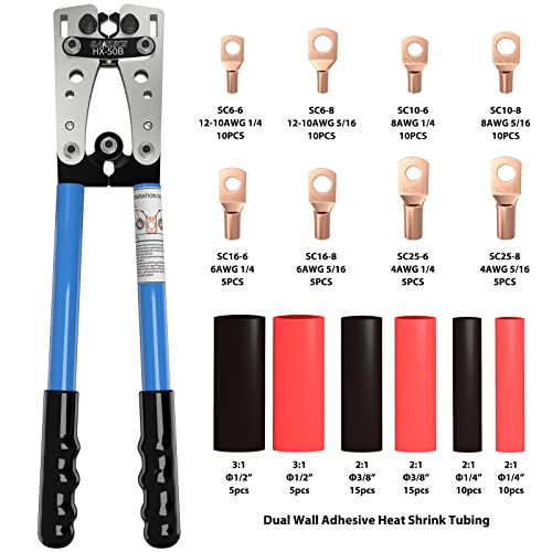 Sanuke Battery Cable Lug Crimping Tool Kit For Awg 8-1/0 Electrical Lug Crimper With 60Pcs Wire Lugs And Heat Shrink Tubing #TOP1