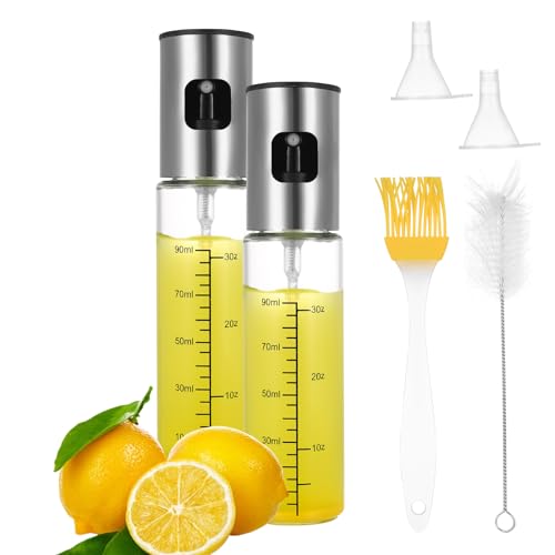 But Oswetf 2 Pcs 90ml Pulverizador Aceite Spray, Dosificador Botella Dispensador Aceite Spray Cocina Freidora Aire para Cocinar BBQ, con 2 Embudos, 1 Cepillo de Limpieza y 2 Cepillos de Aceites