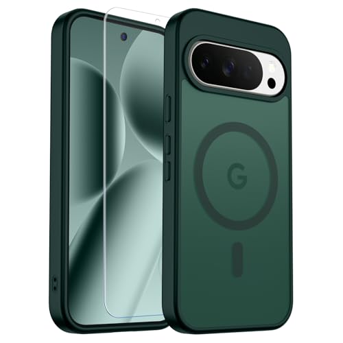 Image of SUPFINE Magnetic for Google Pixel 10 Pro XL Case with Screen Protector, (Built-in Magnets) ((Military Grade Drop Protection) Slim Translucent Shockproof Phone Case,Forest Green