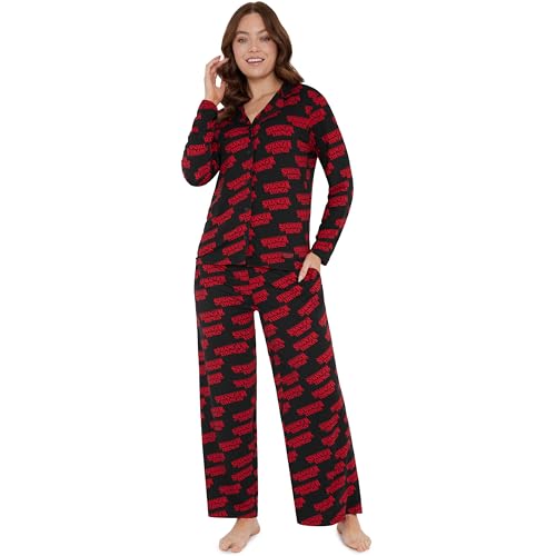 Get Trend Stranger Things Pyjamas for Women Teens Girls, Ladies PJ Set Button Down Shirt & Matching Bottoms, Gifts for Her (XL, Black Stranger Things)