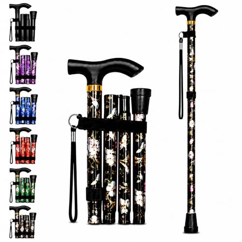 ZallyX Foldable Walking Sticks for Men & Women 8595cm Adjustable Ladies Walking Stick Mobility aids Collapsible walking stick For Elderly Adults (Black Flower)