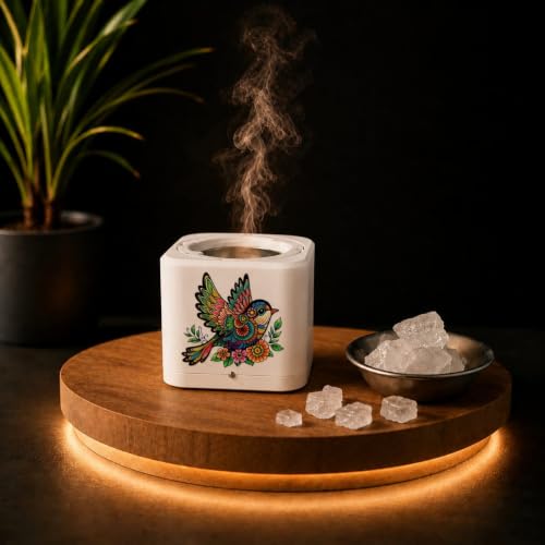 Image of Shivansh Technology Incense Holder Electric Kapoor Dani Camphor Diffuser Burner for Home | Karpuram Bakhoor Oud Aroma Oil & Dhoop Machine | Essential Oil Diffuser for Home (White) (Enchanted Bird)
