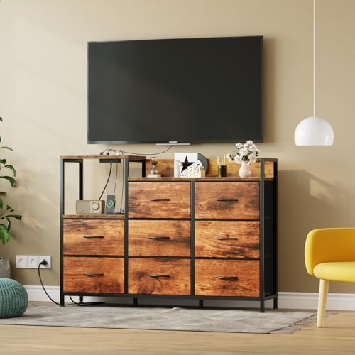 Image of DUMOS TV Stand Dresser with 8 Fabric Drawers & Open Shelves, TV Stand with Wooden Top, Entertainment Center with Charging Station for Living Room, Hallway, Rust