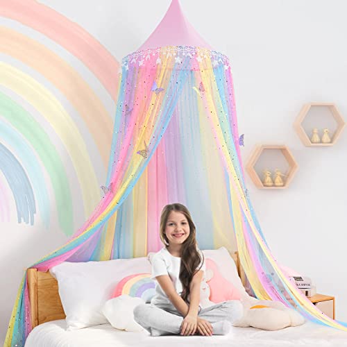 Staolene Rainbow Kids Bed Canopy For Girls Baby Crib With Butterfly Fairy Dream Princess Bed Canopy Hanging Mosquito Net Reading Nook Canopies Room Decor (Rainbow) #TOP2