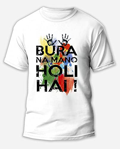 Image of Knitted Polycotton Fabric Regular Fit Men Boys Half Sleeve T-Shirt for Festival of Holi Style 21 White Size : Free