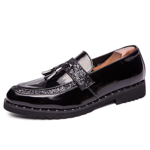 Men's Patent Leather Sequin Tassels Slip On Loafers Fashion Smoking Shoes for Business Wedding Party Formal