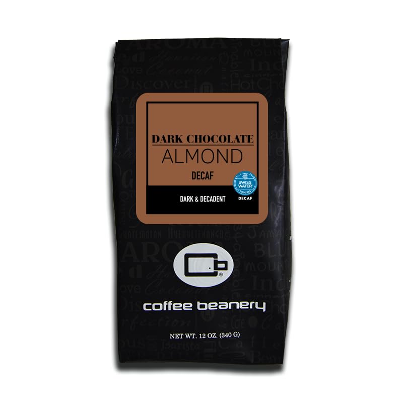 Coffee Beanery - Café descafeinado de almendras de chocolate negro  Granos de café descafeinado con sabor de 12 onzas  Café entero 100% especial