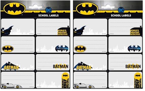 Grupo Erik Etiquetas adhesivas Batman - Pegatinas libro nombres/Pack etiquetas escolares - Papeleria Batman - Vuelta al cole material escolar - Producto con licencia oficial (Paquete de 2)