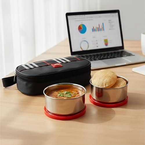 Image of CELLO MF Trent Lunch Box with Bag for Office Use, Red | 300ml x 2 Stainless Steel Containers, Food Grade Light Weight Leak Proof Airtight Snap Lock Lid Tiffin Box Set for School Kids College & Travel