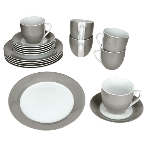 MamboCat Variant Grau 18tlg Kaffeeservice I farbige Porzellan-Kaffeeset für 6 Personen I Je 6X Kaffeetassen 200ml, Untertassen & Kuchenteller I buntes Geschirr für Frühstück & Kaffee