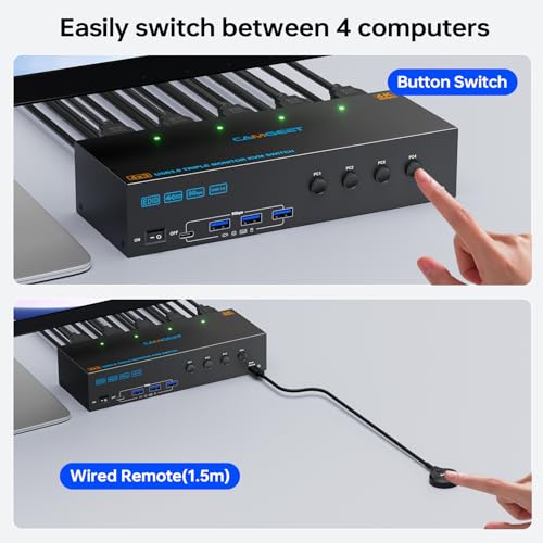Image of KVM Switch 3 Monitors 4 Computers 4K@60Hz,EDID Simulation,USB 3.0 HDMI Displayport KVM Switch Triple Monitor for 4 PC Share 3 Monitors and Keyboard Mouse Printer,with Wired Remote and 4 USB Cables