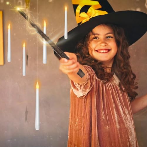Image of kakoya Flameless Floating Candles with Wand,20 Pcs Magic LED Hanging Taper Candles,Flickering Battery Operated Taper Candle with Wand Remote for Halloween Decorations Best Gift(White)