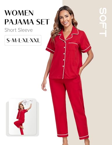 Image of COLORFULLEAF Women's 100% Cotton Pajamas Set Button Down Sleepwear Short Sleeve Shirt and Long Pants Soft Ladies Lounge Sets
