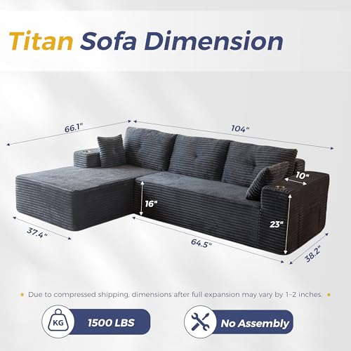 Image of MAXYOYO 104 inch Modular Sectional Couch with L-Shape Chaise, Modern Boneless Couch for Living Room, Sofa in A Box, Oversized Sofa with Deep Seat, No Assembly Required, Dark Grey