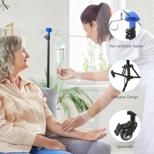 Infusionsständer mit Rädern, Zusammenklappbarer IV-Stange mit 4 Haken 3 Netztaschen und 1 Aufbewahrungstasche, tragbarer IV-Ständer, geeignet für Krankenhäuser und die häusliche Pflege