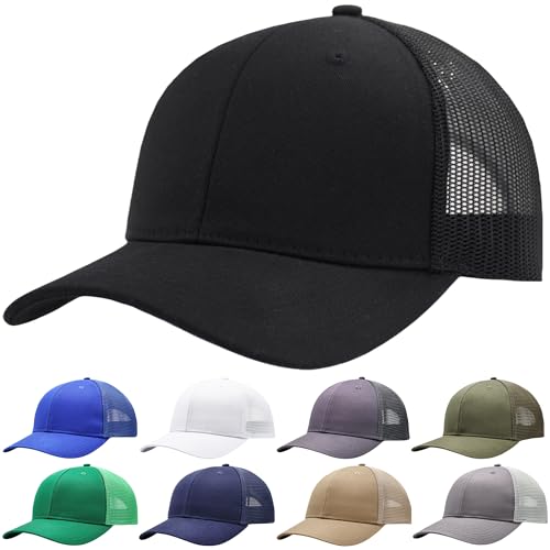 Black Mesh Snapback Trucker Hat for Women Men Blank Structured Adjustable Solid Color XL/XXL Big Head Classic Baseball Cap Sturdy Outdoor Plus Size Golf Hats Polo Ball Caps