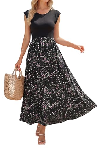 Image of OUGES Women's Maternity Dress Summer Ruffle Sleeve Patchwork Casual Flowy Maxi Dresses with Pockets