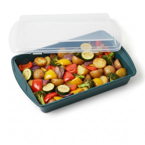 Non-Stick Roaster Pan with Plastic Lid – 38.5 x 24 x 5cm Carbon Steel Baking Pan for Cakes, Brownies, Roasts & Storage