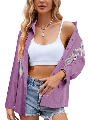 Image of MYMORE Womens Sparkly Fringe Shirt Western Cowgirl Country Concert Outfit
