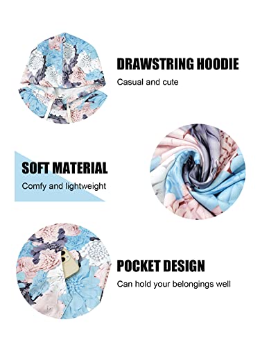 Solersun Women's Floral Hoodies Casual Long Sleeve Drawstring Lightweight Pullover Hooded Sweatshirt Tops With Pockets Blue S #TOP4