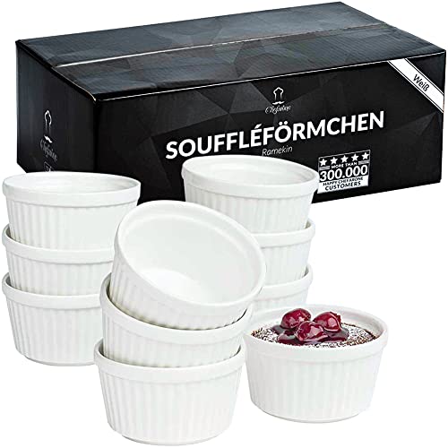 Soufflé 套装 10 个用于烘焙和上菜的陶瓷小模子 - 200 毫升 - 白色(9 x 7.5 x 5cm)