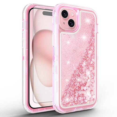 Coque iPhone 15 Plus avec protecteur d'écran liquide pailleté transparent hybride rose