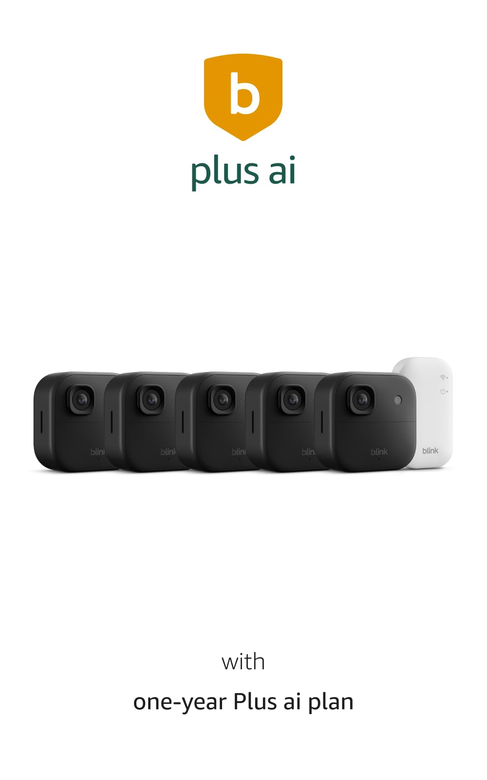 Blink Outdoor 2K+ (newest model) with 1-Year Plus ai plan — Wireless smart security camera, 2K video resolution, enhanced audio, two-year battery. Sync Module Core included — 5 camera system (Black) Black 5 Camera System Save with Subscription
