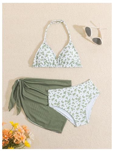 Image of Milumia Girl's 3 Piece Bikni Set Ditsy Floral Halter Swimsuit with Cover Up Skirts