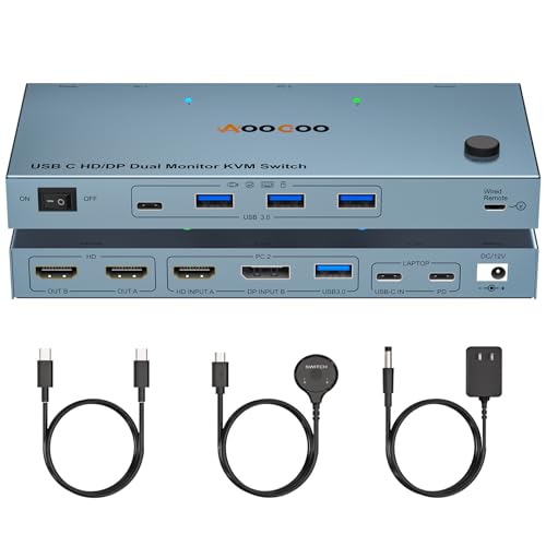 Image of USB C KVM Switch 4K@60Hz,Dual Monitor USB C HDMI DP KVM Switch for 1 PC and 1 Laptop Sharing 2 Monitor and 4 USB3.0 Devices, PD Power for Laptop with Wired Remote Control and USB Cables, Silver 12cm