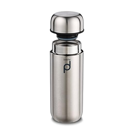 Drink Pod Termo Aislante al vacío para Bebidas, a Prueba de Goteo, aguante de 8 Horas para Bebidas Calientes y 24 para Bebidas frías, Acero Inoxidable, Satinado, 200 ml