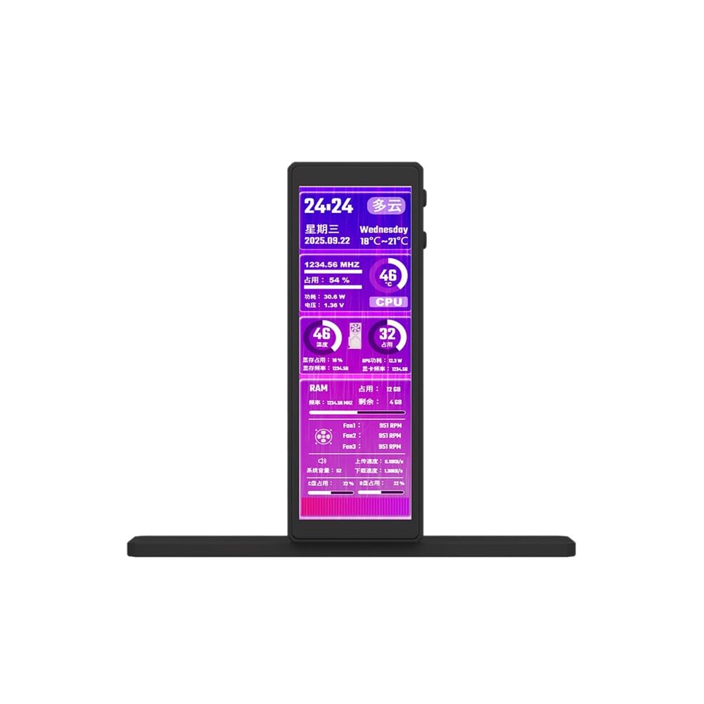 Monitor Secundario USB de 4.58 Pulgadas IPS para Monitoreo de Temperatura del Chasis, Velocidad del Ventilador, CPU, GPU y RAM. Color Negro.