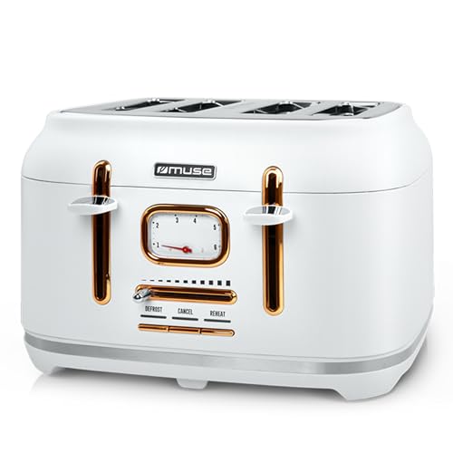 Muse Edelstahl-Toaster im weißen Retro Design, analoge Anzeige, beleuchtete Tasten, 6 Bräunungsstufen, 4 Scheiben, MS-131 W, Vintage Look, mit Krümelschublade