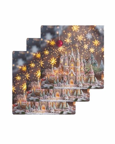 Hokiten Pink Blue Christmas Waffle Kitchen Towels Dishcloths, Xmas Balls Candy Castle Absorbent Dish Towels | Hand Towels for Bathroom/Bar, 12 x 12 Inch, 3 Pcs