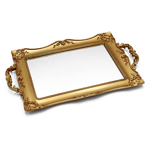 Tstarer Plateau miroir carré décoratif antique avec cadre doré, organiseur de bijoux et cosmétiques pour commode, carré, 24,1 x 36,8 cm (l x L) (doré)