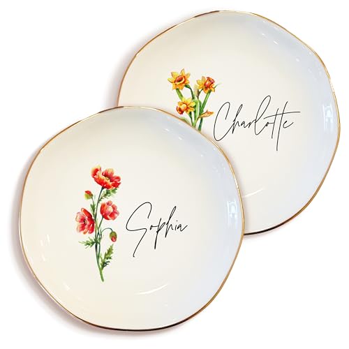 Personalized Birth Flower Name Ring Dish - Custom Floral Ceramic Jewelry Plate, Tray for Women, Bridesmaid, Daughter, Mom, Friends - Gift for Birthday, Christmas, Mother’s Day Personalized Birth Flower Name Ring Dish - Custom Floral Ceramic Jewelry Plate, Tray for Women, Bridesmaid, Daughter, Mom, Friends - Gift for Birthday, Christmas, Mother’s Day