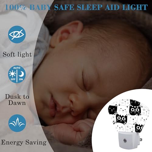 Image of Cute Black and White Cat Night Light for Kids, Doodle Cat LED Night Light Plug into Wall with Dusk to Dawn Sensor for Girls Boys Women Men Room, Hallway, Kitchen, Bathroom, Stairs Decor