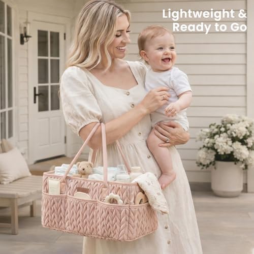 Konssy Braided Quilted Diaper Caddy Organizer, Boho Nursery Storage Basket with PU Leather Handles, Water-Repellent Portable Diaper Basket for Changing Table, Newborn Essentials (Blush) - 3