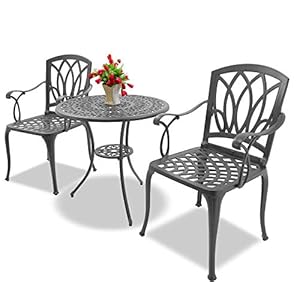 Homeology POSITANO – Tavolo da giardino e patio, 2 grandi sedie con braccioli in alluminio pressofuso, colore: grafite