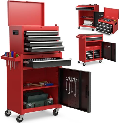 Image of Goplus Tool Chest, 5-Drawer Rolling Tool Storage Cabinet with Detachable Top Tool Box, Liner, Universal Lockable Wheels, Adjustable Shelf, Locking Mechanism, Metal Tool Cart for Garage Workshop
