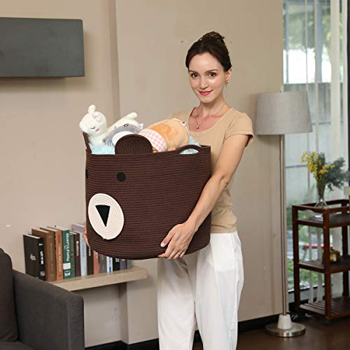 Bear Basket, Animal Basket, Large Cotton Rope Basket, Large Storage Basket, Woven Laundry Hamper, Toy Storage Bin, For Kids Toys Clothes In Bedroom, Baby Nursery, Dark Brown 18"X15" #TOP4