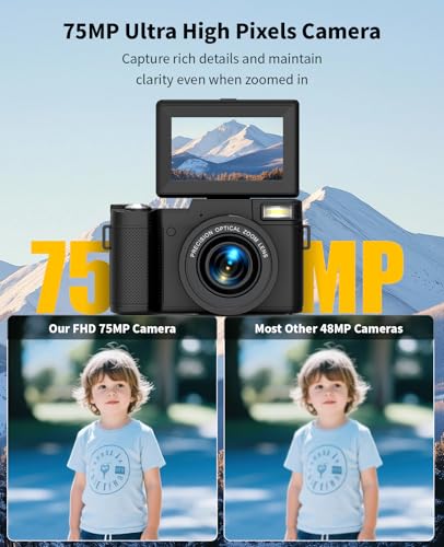 Longyi 6K Digital Camera, 75MP Cameras for Photography with 8X Optical Zoom & Tripod, Anti-Shake Vlogging Camera with 3" 180° Flip Screen, 64GB Card, Card Reader, Vlog Travel Cameras for Youtubers - Image 5