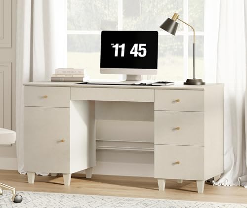 Image of WAMPAT 58 Inch Wood Desk with Drawers, Cabinet, Charging Station, Beige | Modern Executive Desk with Keyboard Storage Drawer, Home Office Large Wooden Computer Desk, Work & Study Writing Desk