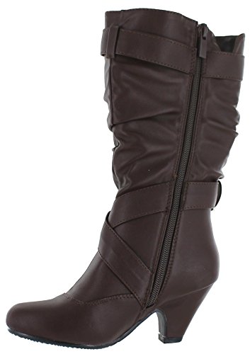Link Little Girl's Pauline-38 Kitten Heel Boots With Decorative Buckles,Brown Pu,32